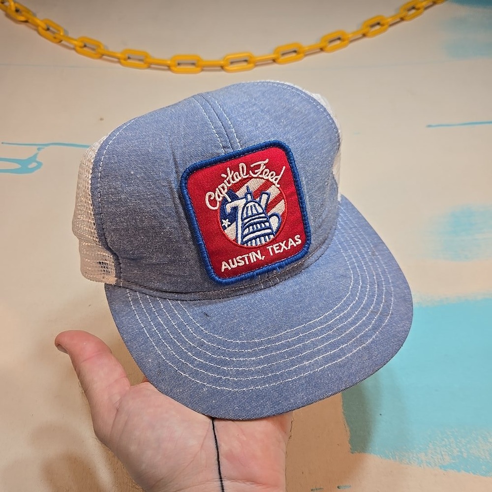 Capital Feed Austin‎ Texas Mesh Trucker Hat Blue Denim Patch NBP Snapback Local